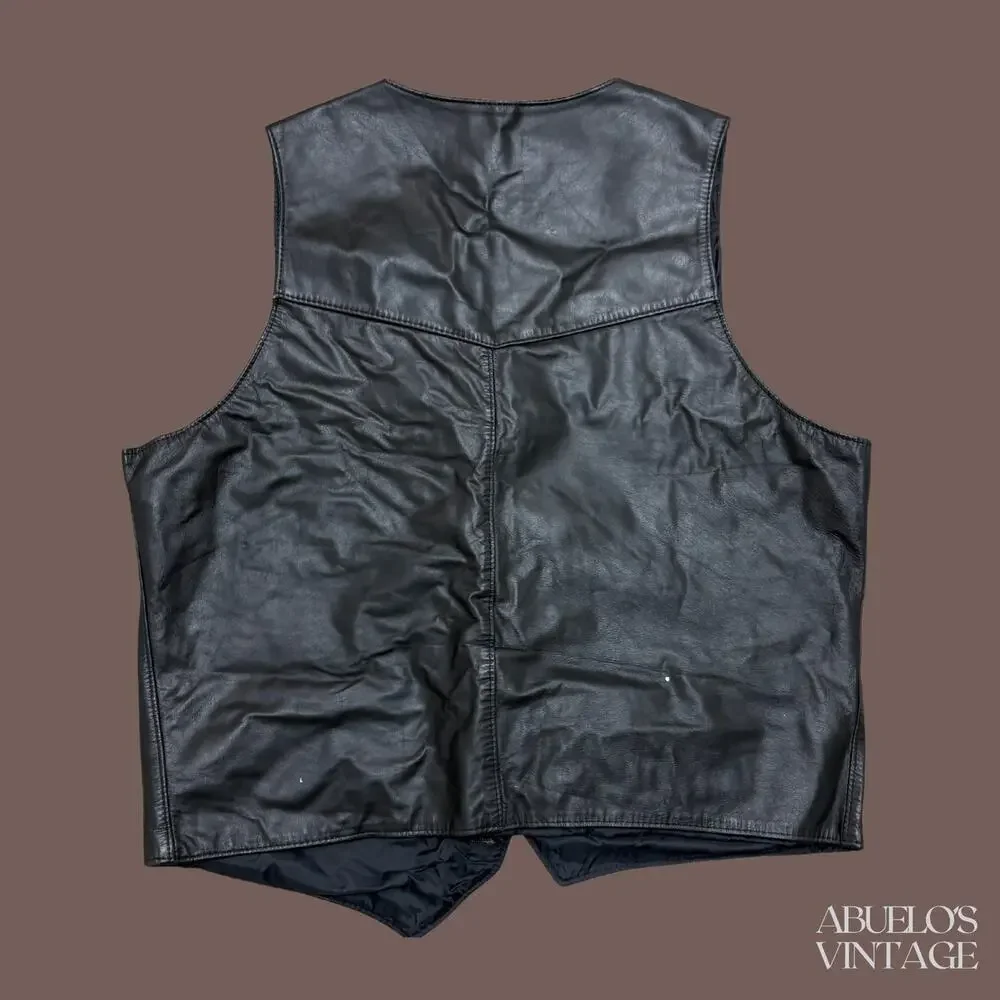Sears The Leather Shop Leather Vest | Black Button Front | Size 48T | Vintage